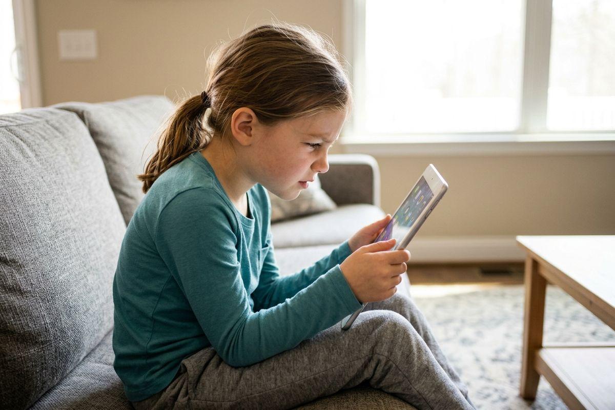 Child sitting cross-legged on a gray sofa, focused on a tablet screen, in a bright living room.
