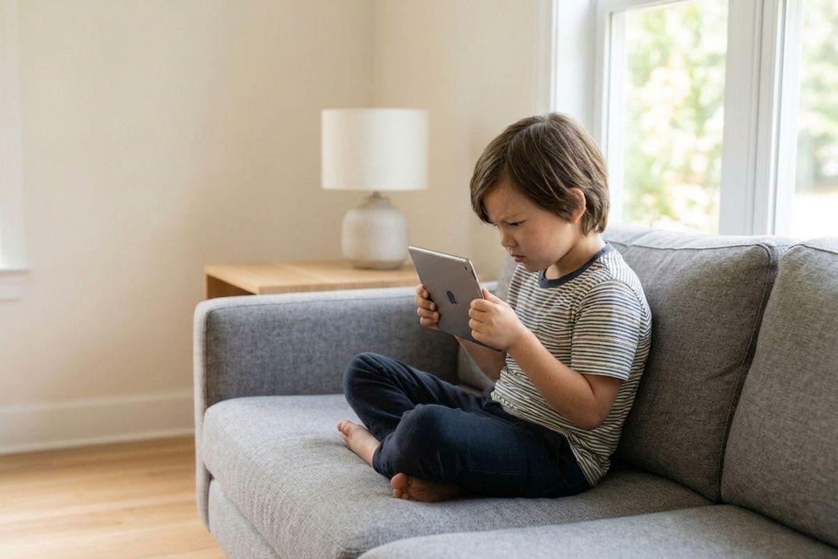 Child sitting cross-legged on a gray sofa, holding a tablet showing a video game, with a frustrated expression.