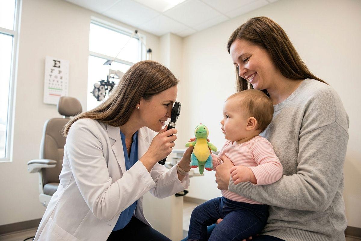 Optometrist uses an ophthalmoscope to examine a baby's eyes while an adult holds the infant and a toy in an eye exam room.