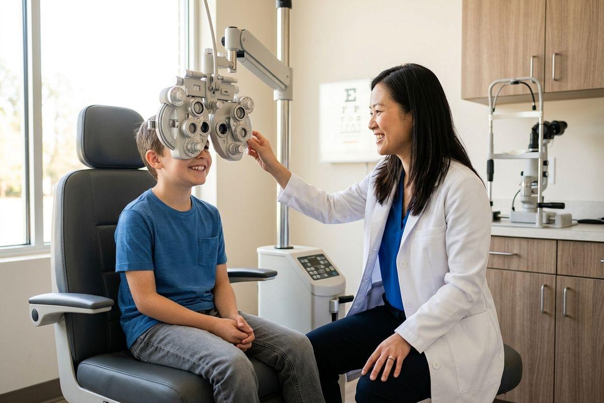 Smiling optometrist holds a phoropter in front of a smiling child seated in an exam chair during an eye exam.
