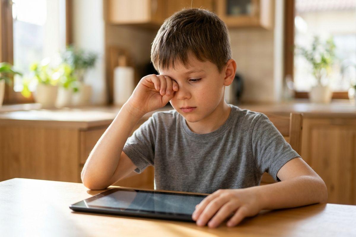 Child sitting at a kitchen table rubbing one eye while looking down at a tablet lying flat in front of them.