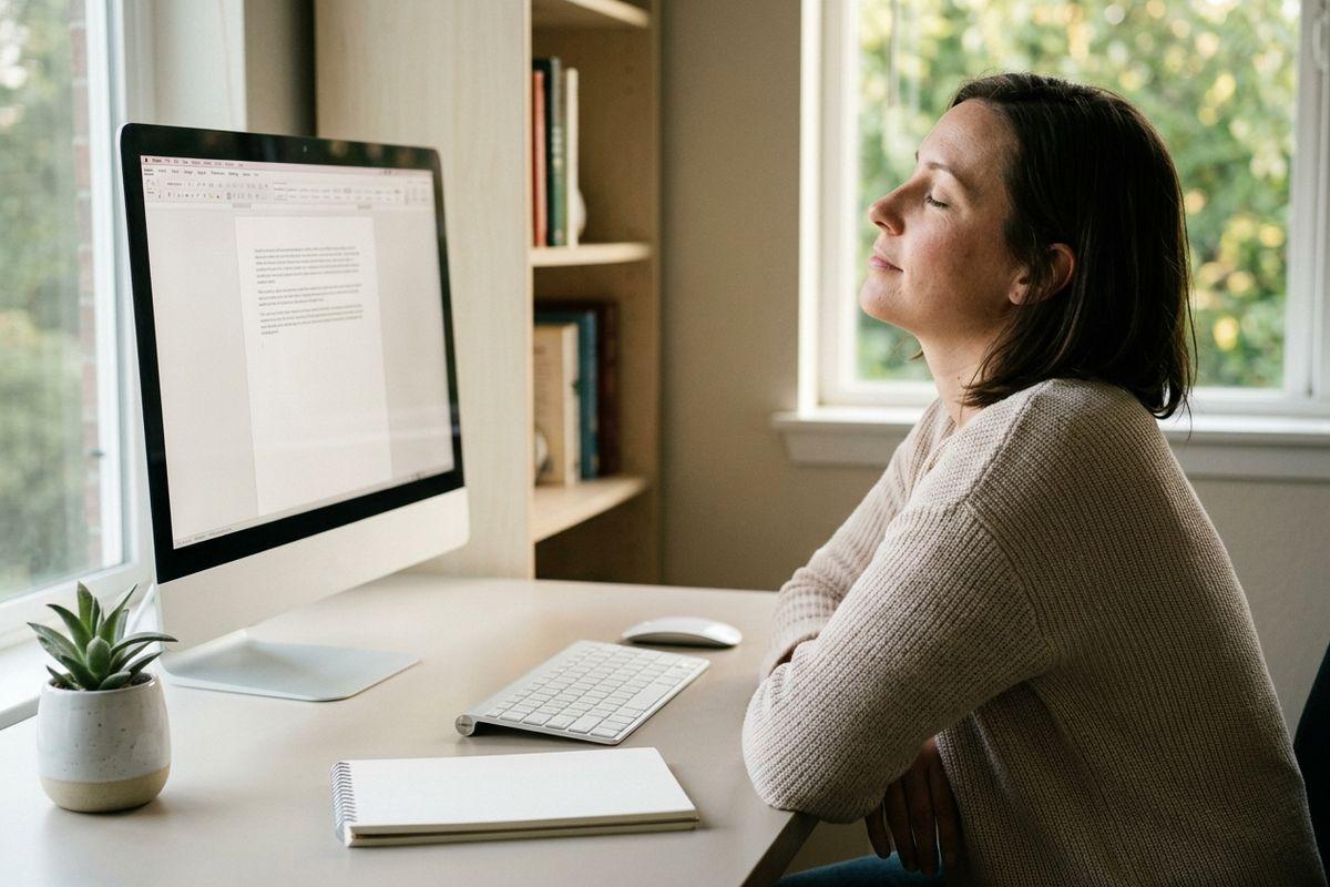 Person sits back at a desk with eyes closed and arms crossed, beside a computer showing a text document, keyboard, notepad and small plant.