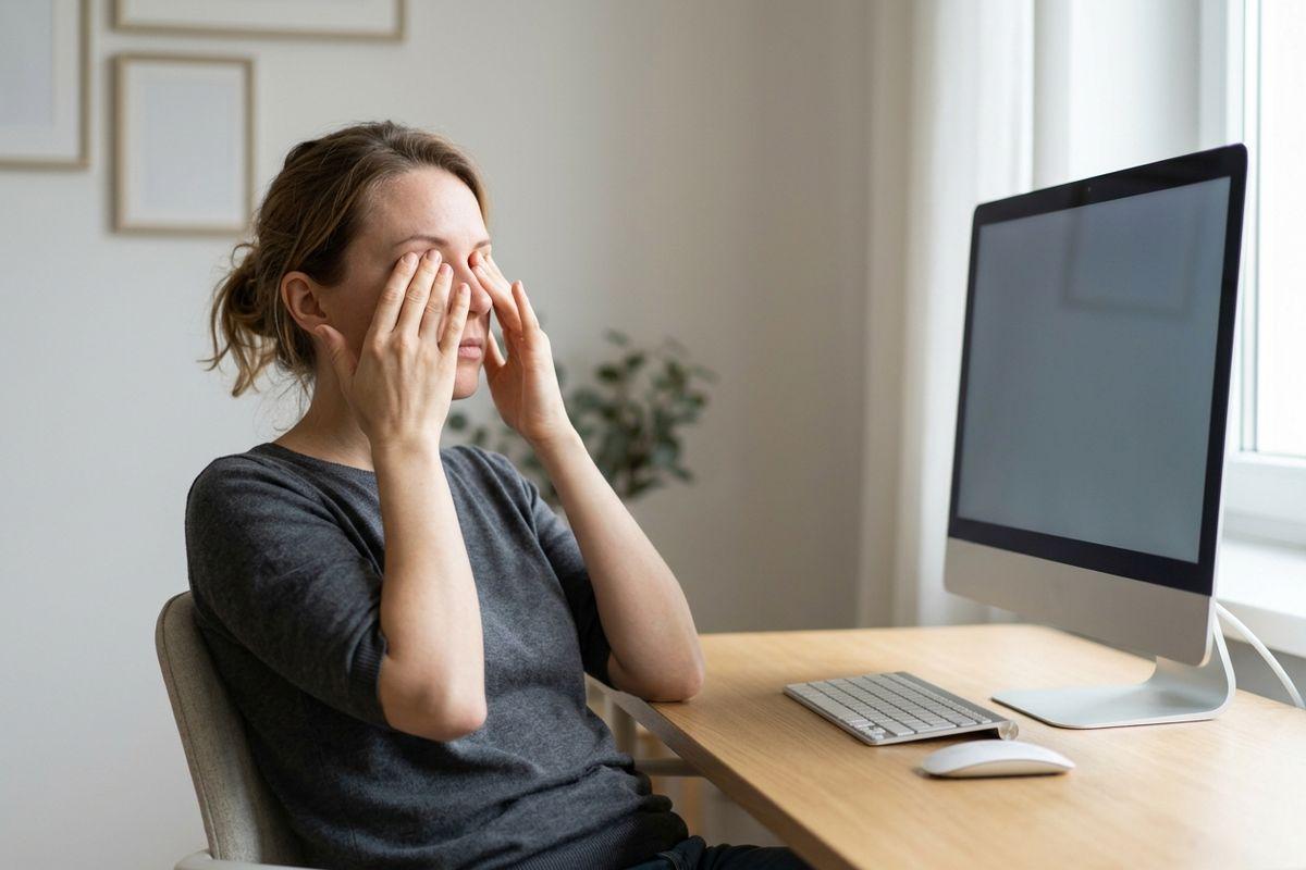 Person sitting at a wooden desk with a computer monitor, keyboard and mouse, rubbing both eyes with their hands.