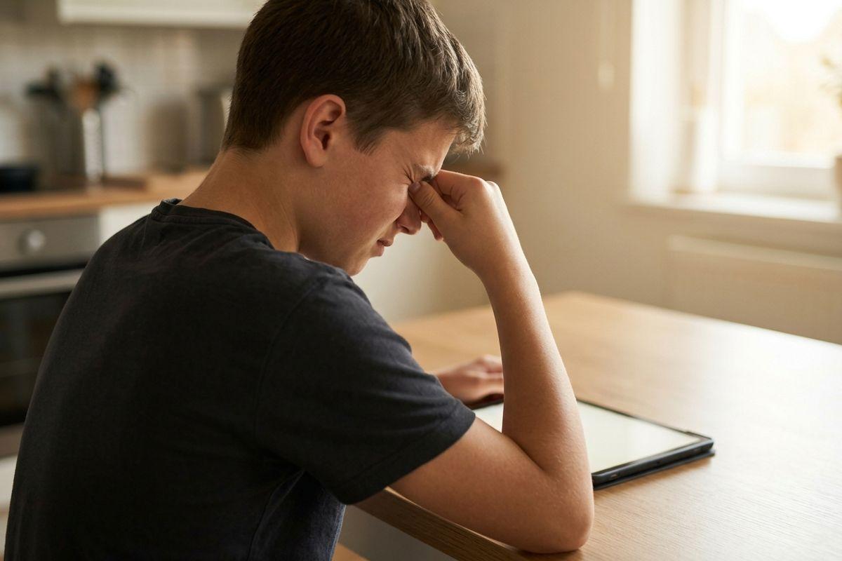 Young person sitting at a kitchen table with a tablet, pressing a hand to the bridge of the nose with eyes closed.